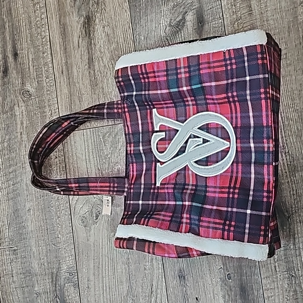 Victoria's Secret Flannel Sherpa Double Handle Tote Bag Plaid